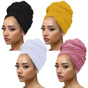 4 Pieces Solid Color Stretch Knit Head Wrap Turbans for Women African Style